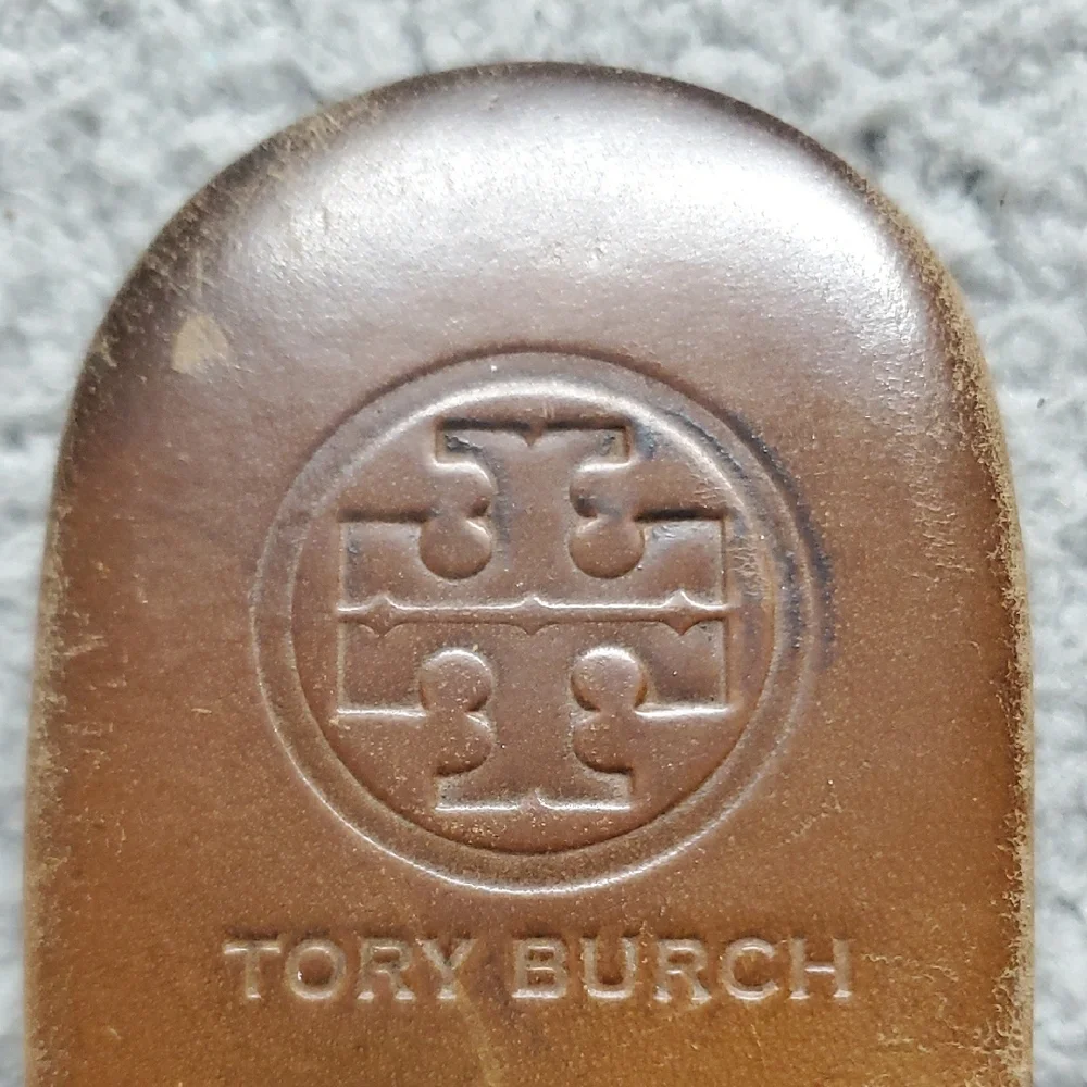 Tory Burch Women's Brown Leather T-Strap Sandals with Gold Logo Size 6.5